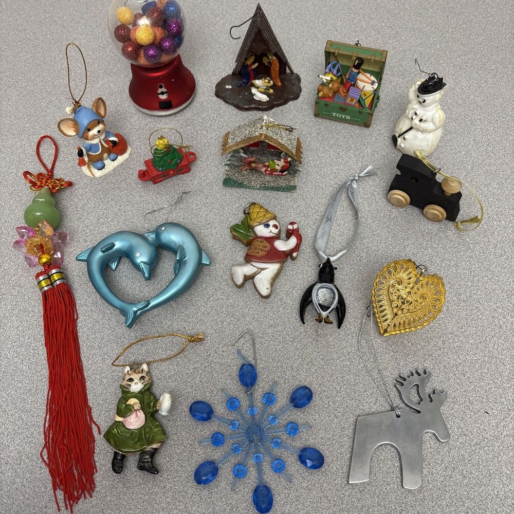 Vintage Christmas Lot Of Ornaments Glass, Plastic, Wood, Metal, 16 Mixed Pieces